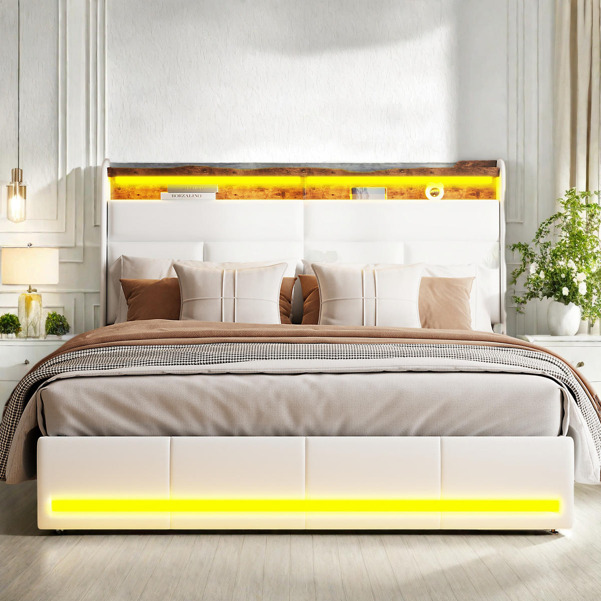 POLSTERBETT 140x200 cm Weiß PU Leder LED Gaslift Bettkasten - Weiß, Holz (140/200cm) - SHOPENTRA