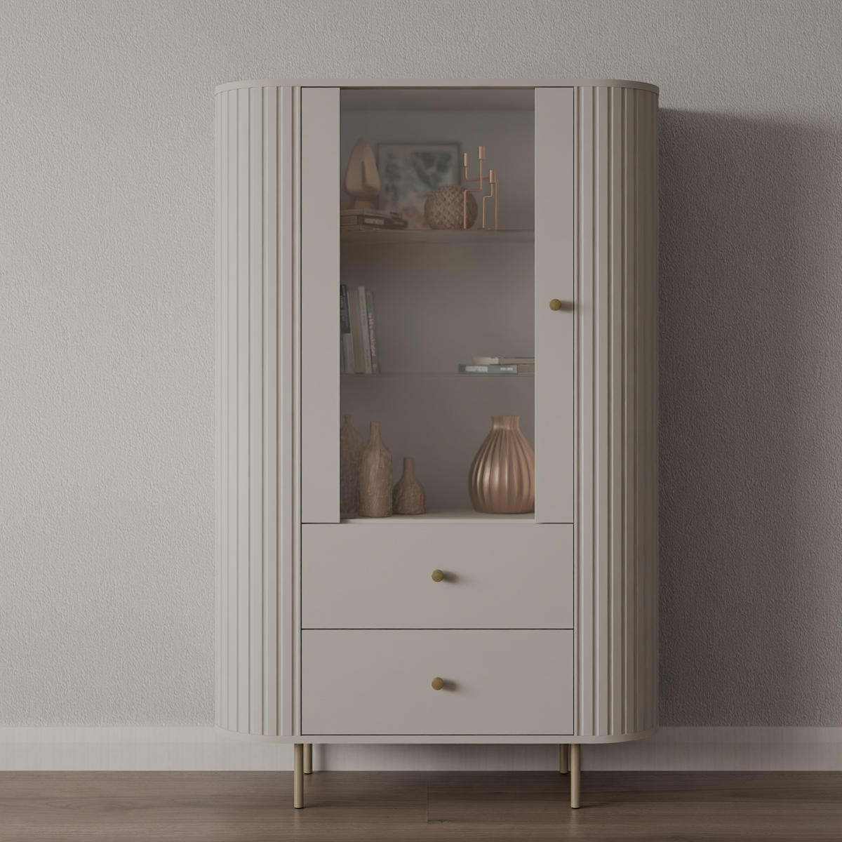 VITRINE Olivia 97 cm, mit Glastüren, 2 Schubladen und geriffeltem Design, kaschmir und goldfarbenen Metallfüßen - Kaschmir, Metall (97/155/43cm) - Margaret Hadas24
