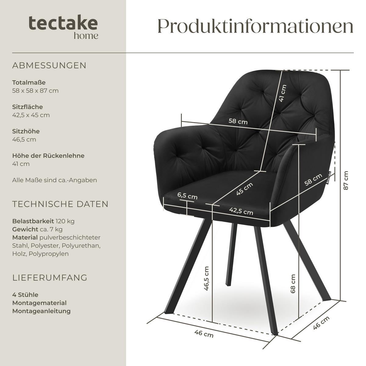 ARMLEHNSTUHL Samt Drehbarer 4er Set Lucia 58 x 58 x 87 cm schwarz - Schwarz, Kunststoff (58/87/58cm) - tectake