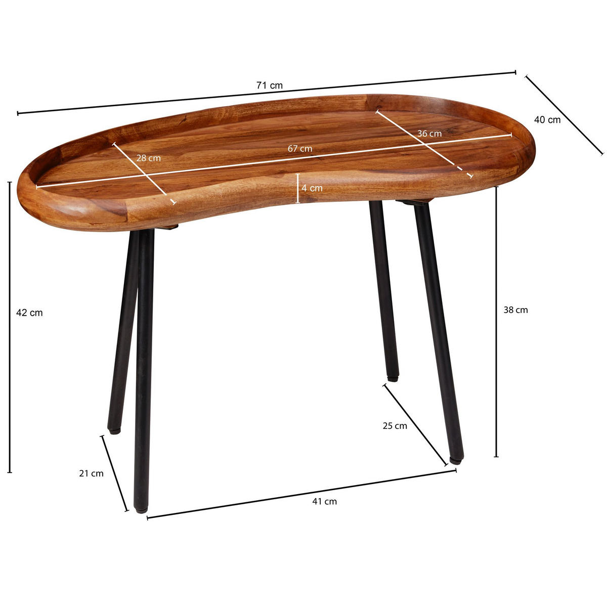 COUCHTISCH Massivholz mit Metallbeinen, Nierenform, Handgefertigt, Braun 71x40x42 cm - Schwarz/Braun, Holz/Metall (40/71/42cm) - KADIMA DESIGN