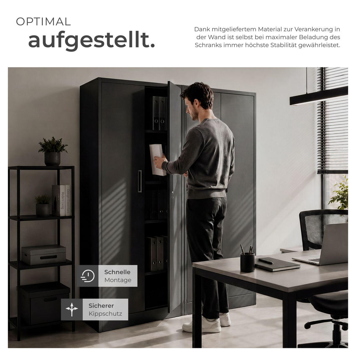 AKTENSCHRANK Brandon, Kippschutz, höhenverstellbare Füße, schwarz - Schwarz, Metall (60/180.5/40cm) - tectake