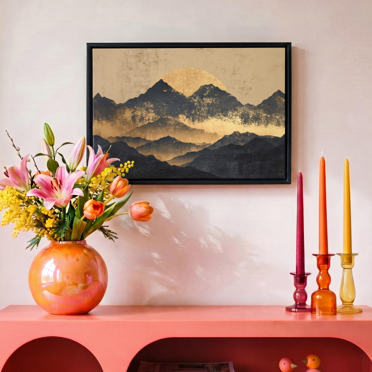 LEINWAND Bilder mit Rahmen - Goldene Berge bei Mondschein - 30x20 - Goldfarben, Textil (30/20cm) - MuchoWow