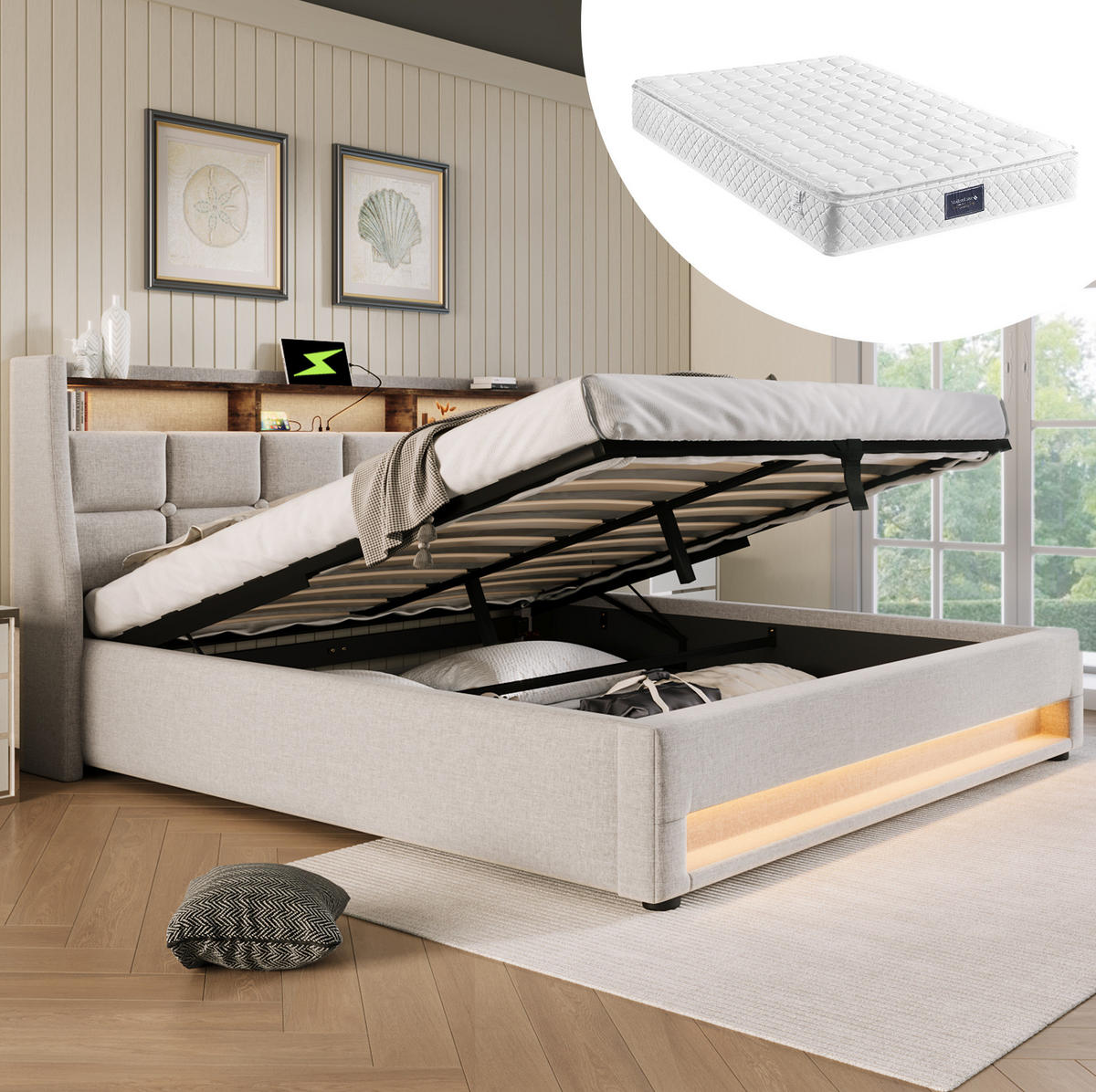 POLSTERBETT mit USB, LED und Bettkasten 140x200 cm Beige inklusive Matratze - Beige, Metall (140/200cm) - Meubliv