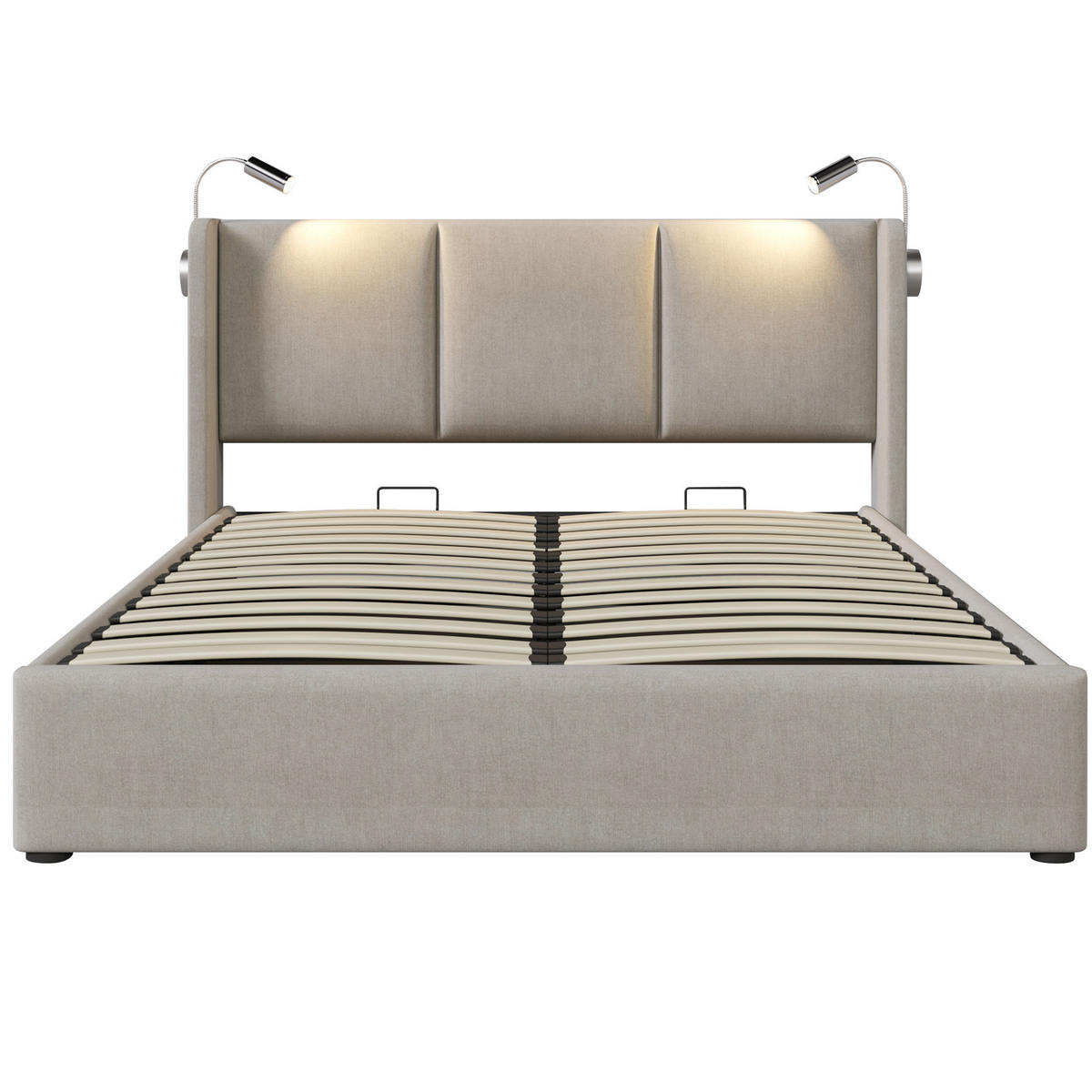 POLSTERBETT 140/200 cm Beige mit Leselampe und USB-Ladefunktion - Beige, Textil (140/200cm) - OKWISH