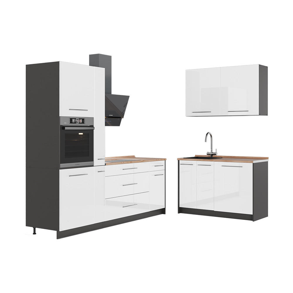 KÜCHENZEILE Fame-Line, Weiß Hochglanz/Anthrazit, 220 x 120 cm, AP Eiche - Weiß Hochglanz/Anthrazit, Holzwerkstoff (220/206.8/60cm) - Vicco
