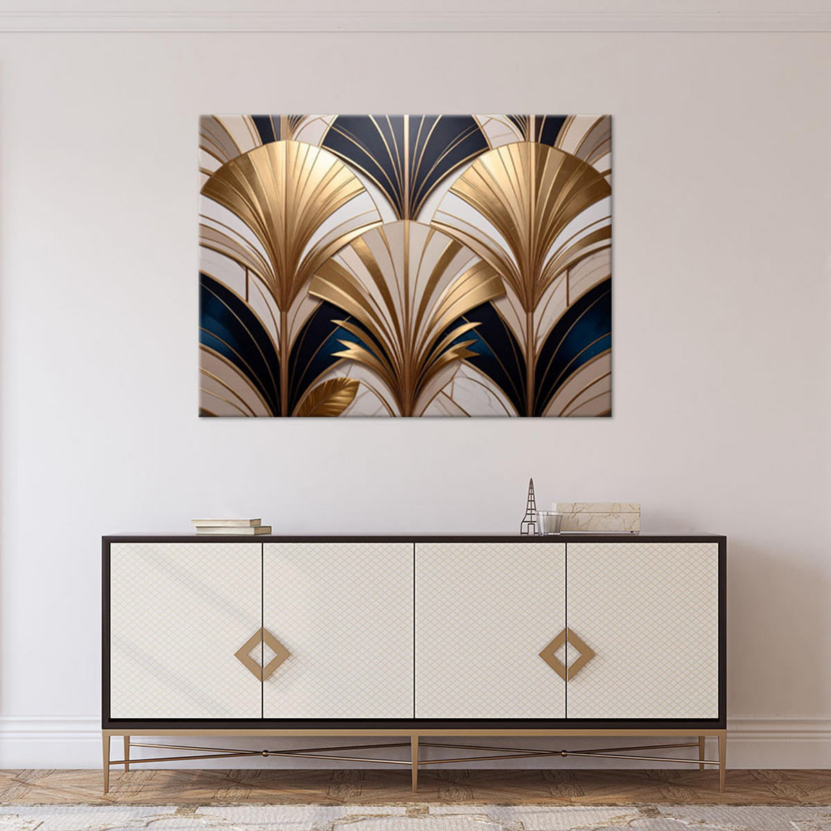 LEINWANDBILDER, Beige- und marineblaues Art-Deco-Muster - Goldfarben, Textil (90/60cm) - Feeby
