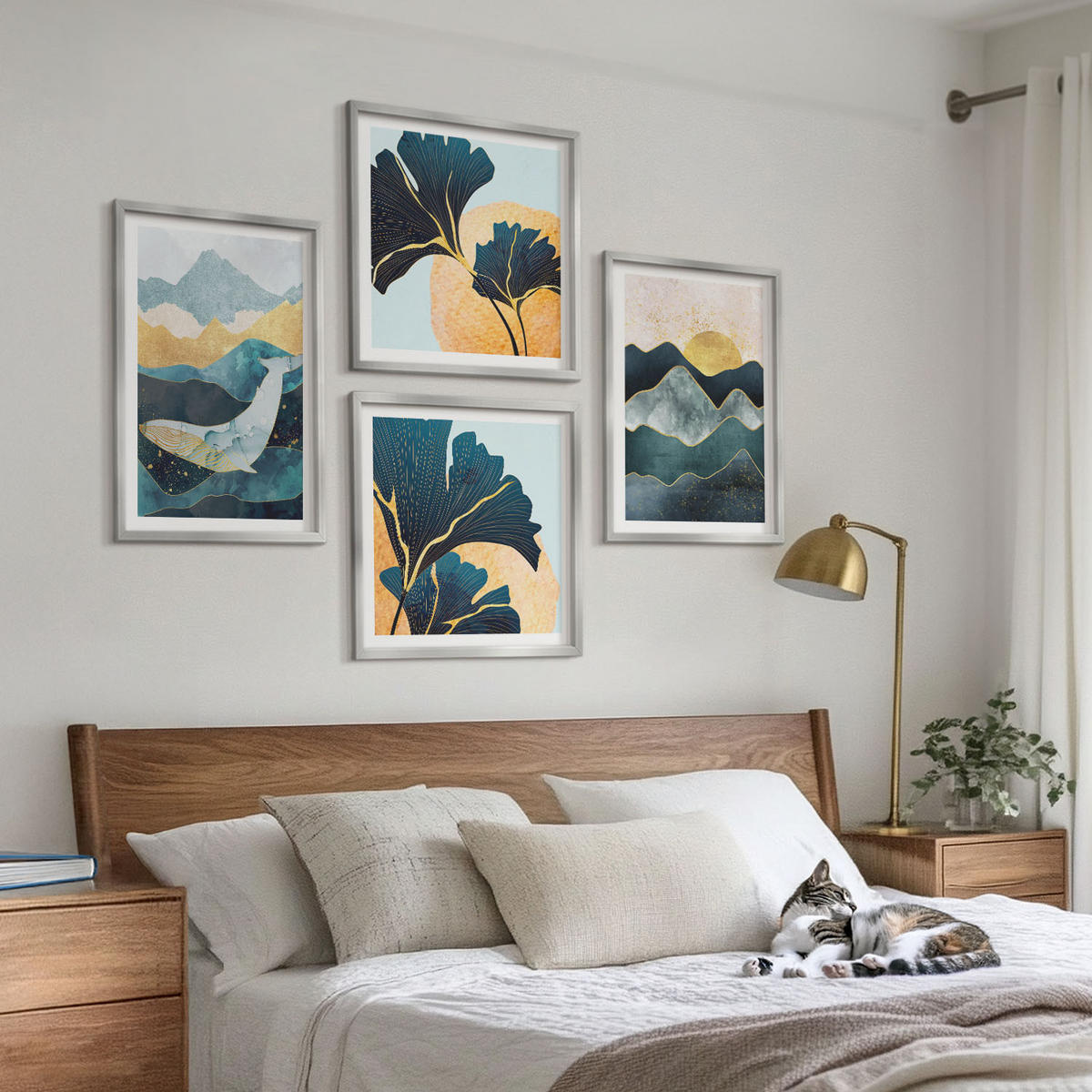 BILDER SET 4er Set - 50x50 cm & 40x60 cm Silberner Rahmen - Abstrakte ästhetische Berge - Silberfarben, Kunststoff (50/50cm) - TULUP