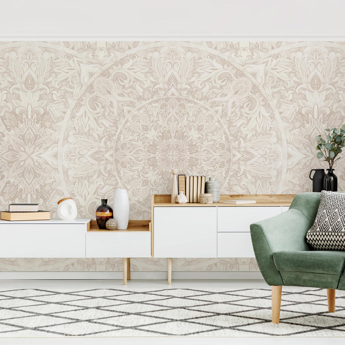 FOTOTAPETE Mandala Aquarell Muster Ornament beige 288/190 cm - Eichefarben, Papier (288/190cm) - Bilderwelten