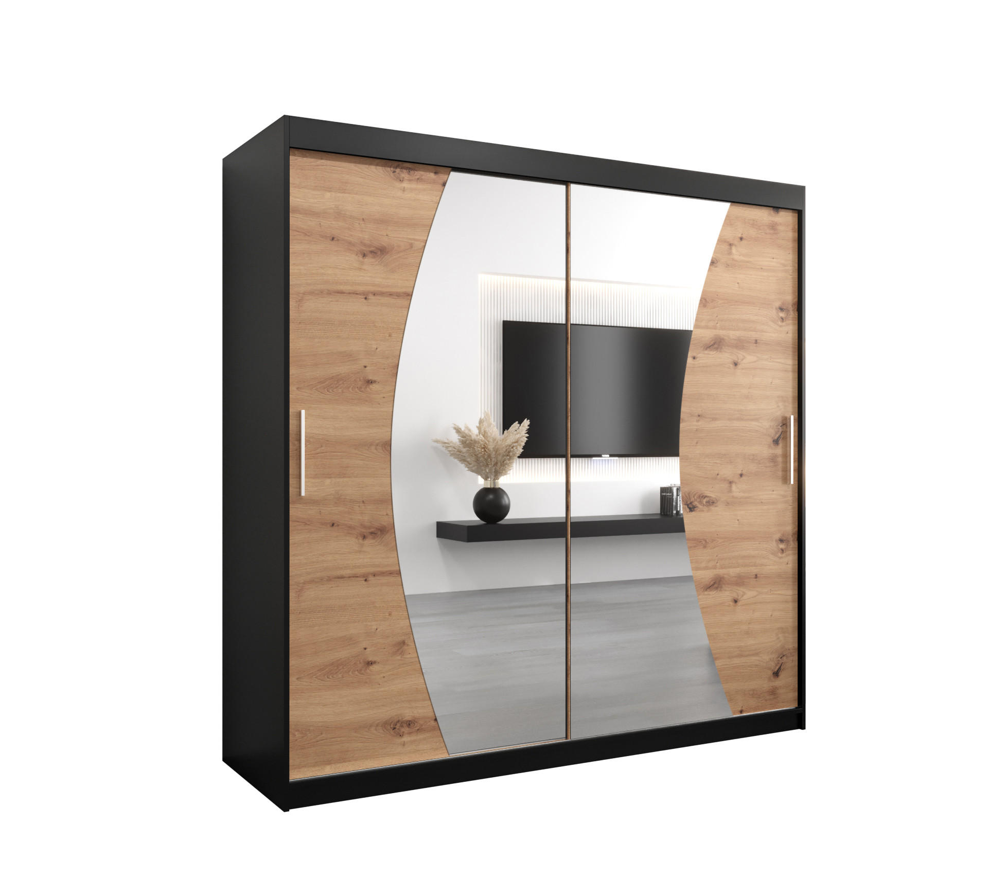 Abiks Möbel Schwebetürenschrank Schwarz, Eiche Artisan 200x200x62 cm