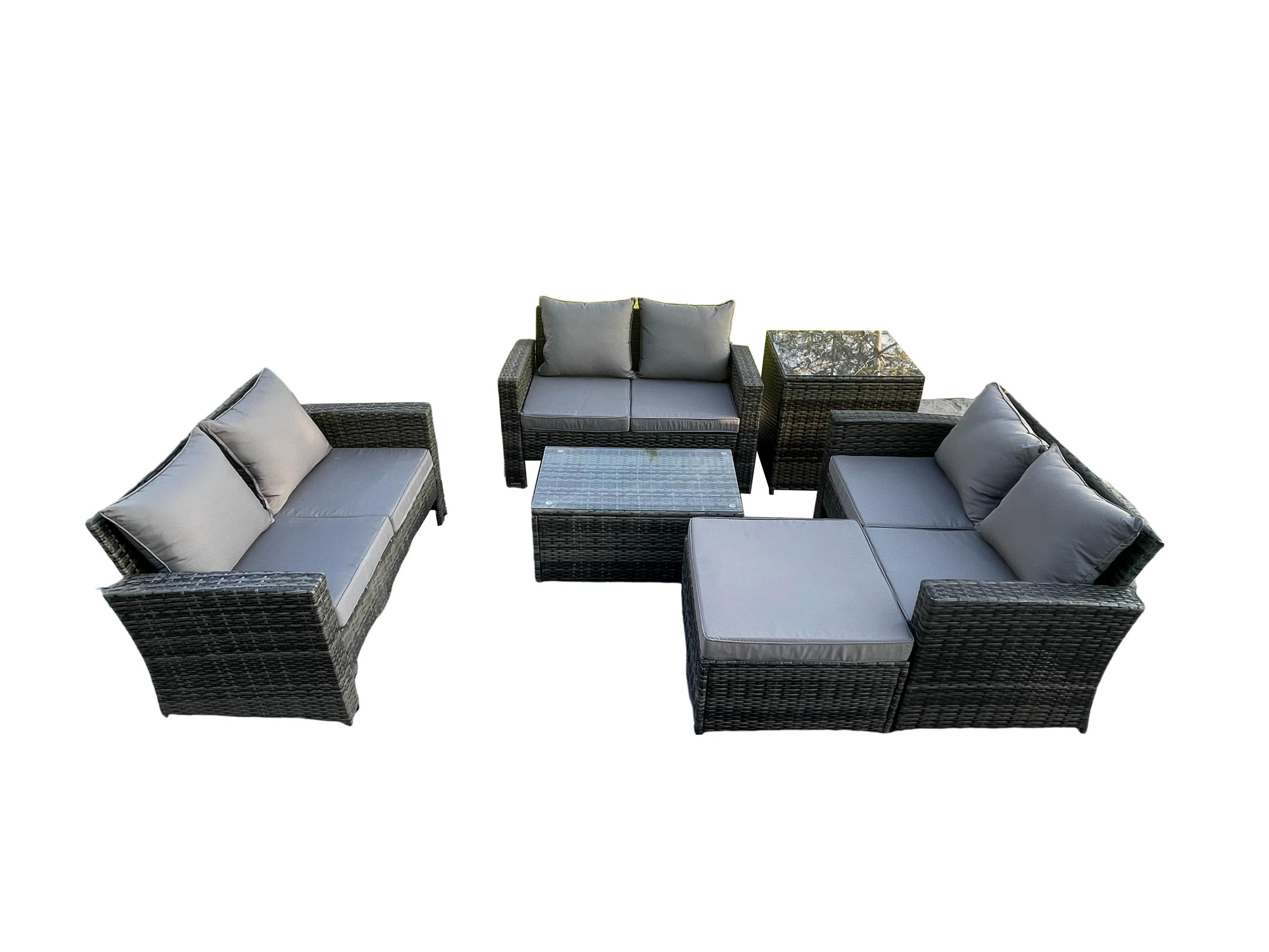 GARTENMÖBEL-SET SOFA COUCHTISCH MIT HOCKER BEISTELLTISCH Polyrattan Dunkelgrau Gemischt 7-Sitzer - Dunkelgrau, Metall - Fimous