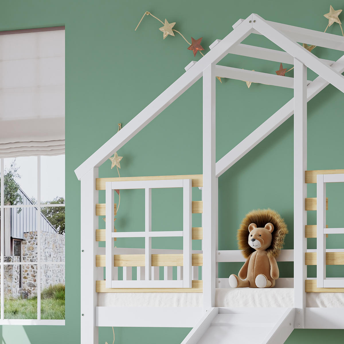 POSCHODOVÁ posteľ 90/200 cm biela/prírodná so šmykľavkou, schodíkmi a oknami z masívneho dreva a MDF - biela, kompozitné drevo (90/200cm) - OKWISH