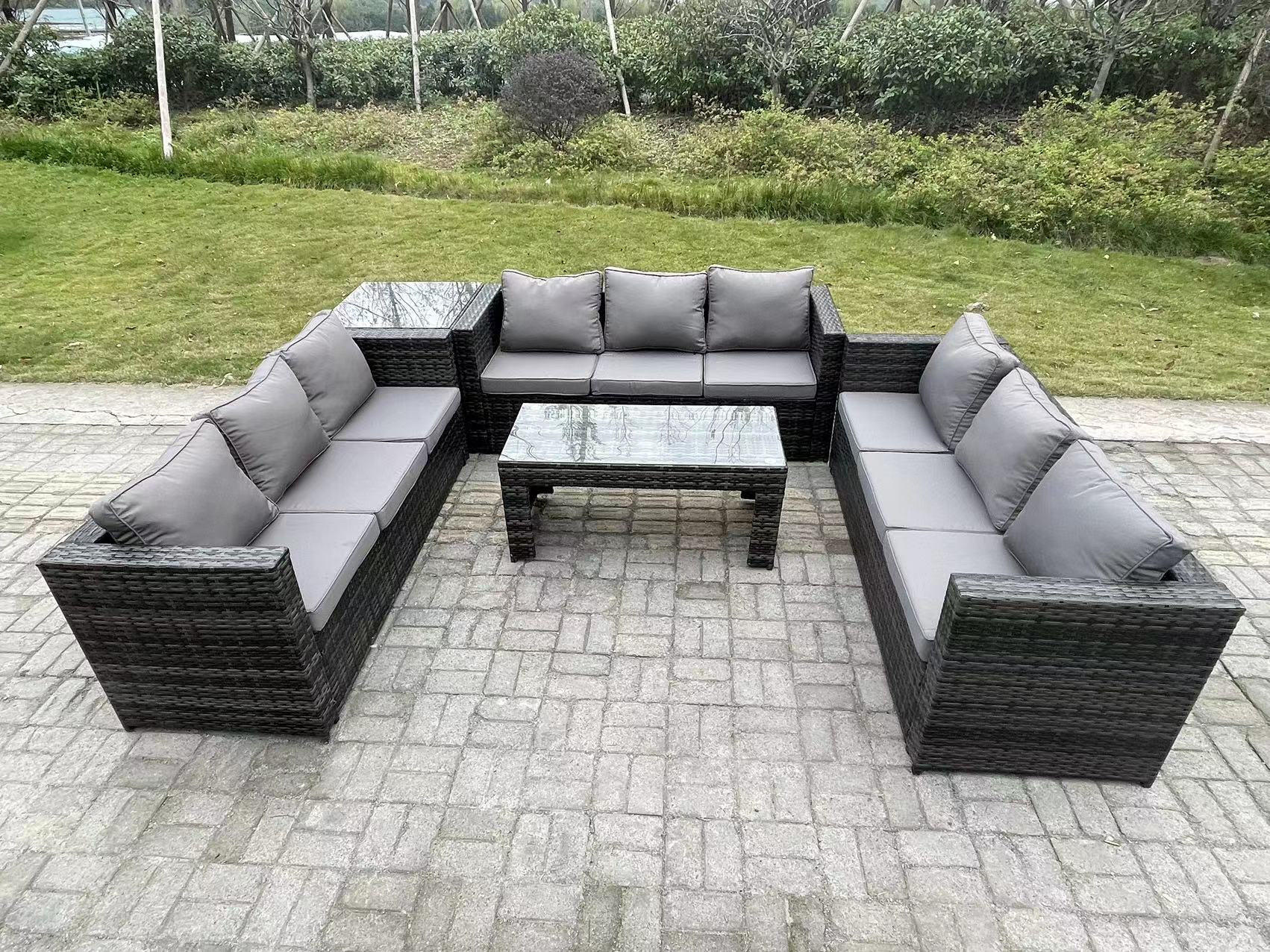 GARTENSOFA Hohe Rückenlehne Polyrattan 9-Sitzer - Dunkelgrau/Grau, Glas/Kunststoff - Fimous