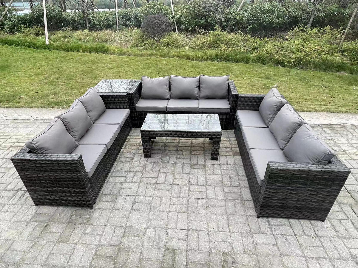 GARTENSOFA Hohe Rückenlehne Polyrattan 9-Sitzer - Dunkelgrau/Grau, Glas/Kunststoff - Fimous