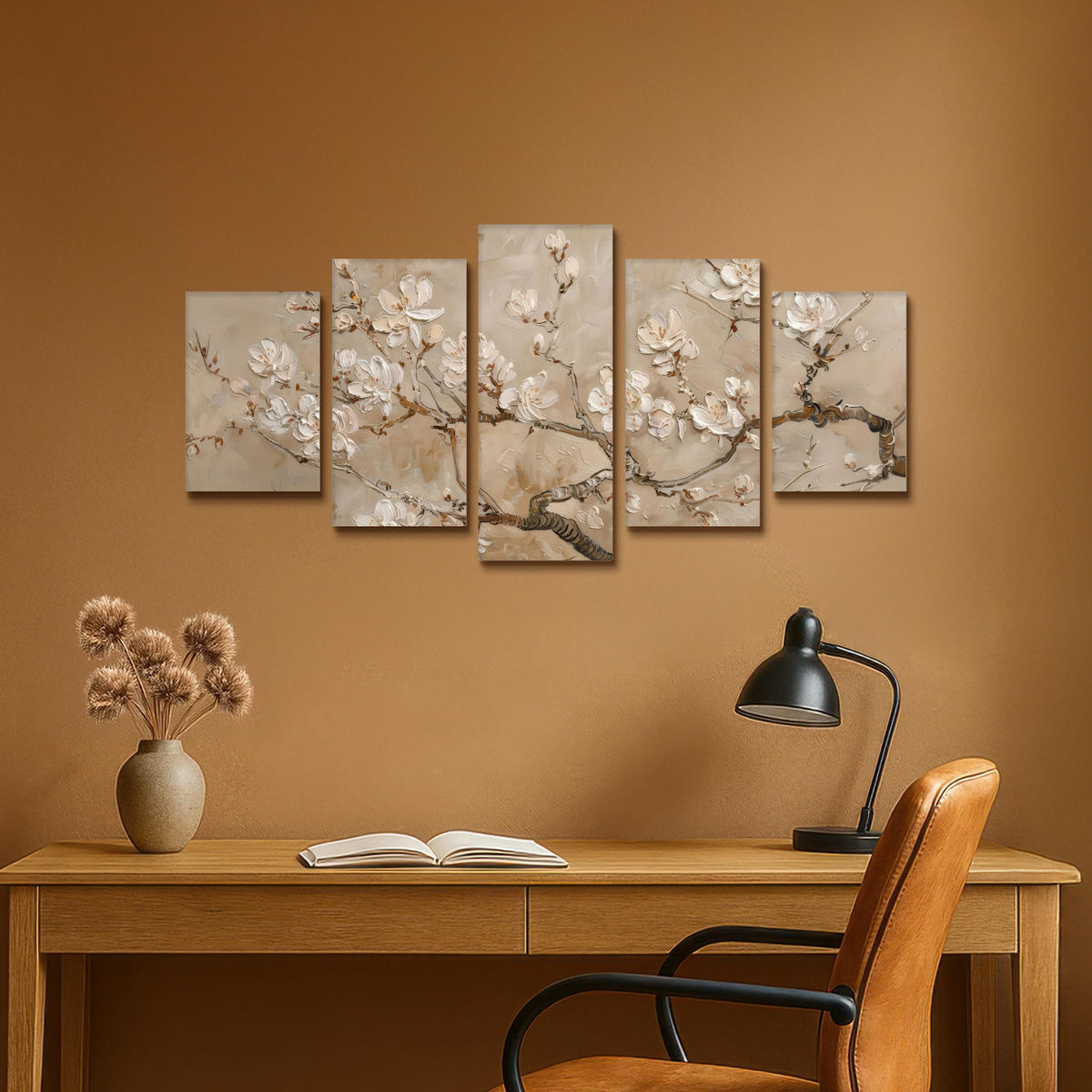 LEINWANDBILD 5er Set Beige - Blüte - Modern 100x50 cm - Greige, Textil (100/50cm) - MuchoWow