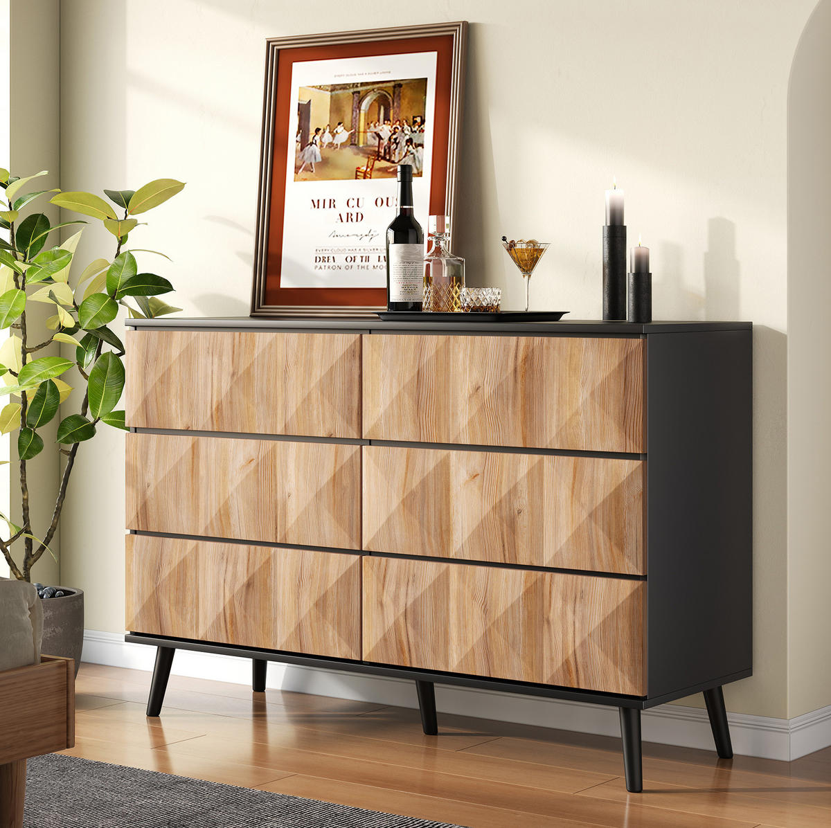 KOMODA, 120/40/85 cm, MDF a drevotrieska, čierna/prírodná, so 6 zásuvkami - prírodná farba, kompozitné drevo (40/85/120cm) - BEAOK