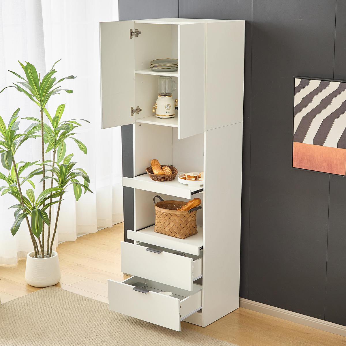 BUFFET 59.5/45/200 cm Weiß mit 2 Schubladen und 2 Türen - Weiß, Holz (59.5/200/45cm) - Oxeza