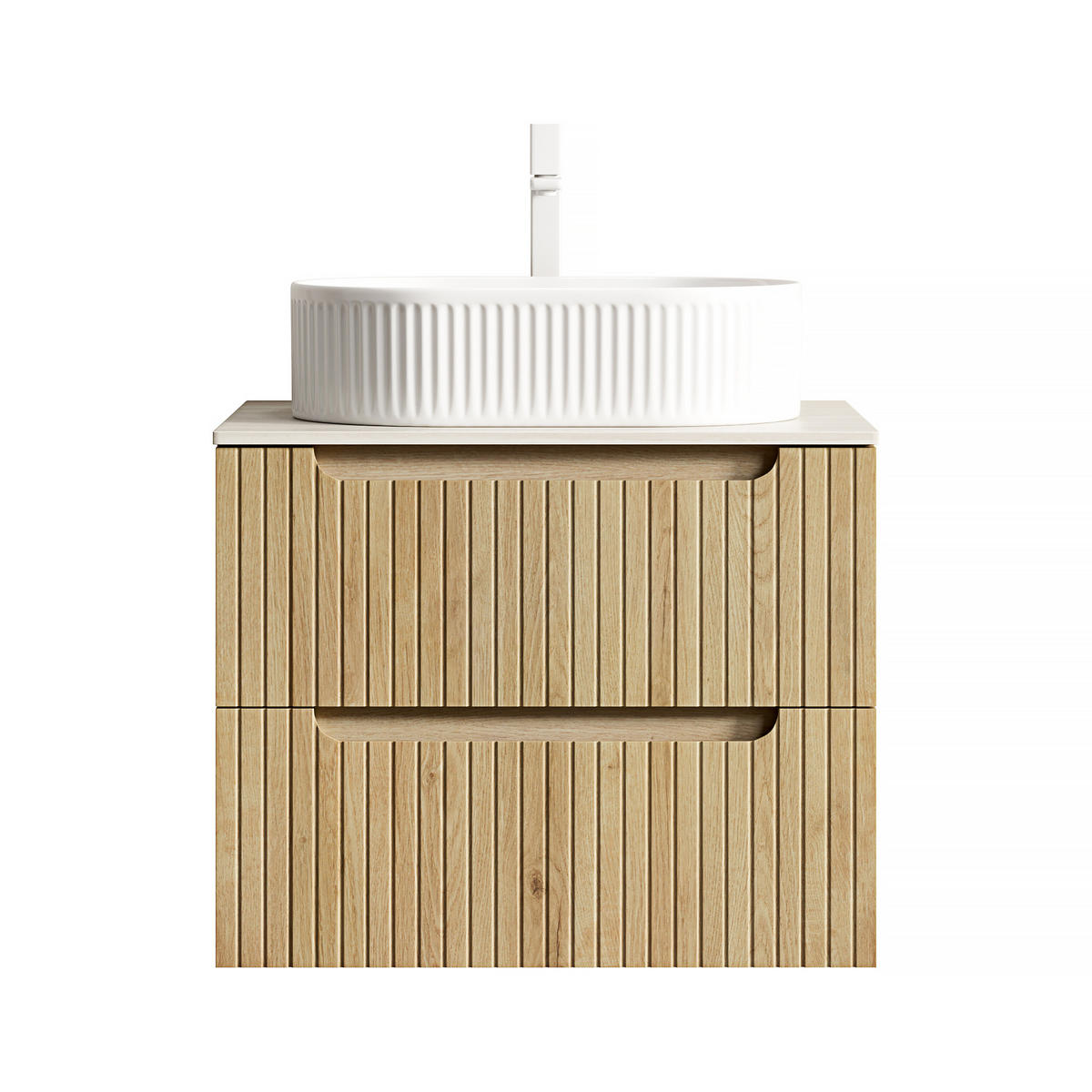 WASCHTISCHUNTERSCHRANK 60x46x62.2cm Weiß/Weißeiche mit ovalem Keramikbecken & 2 Schubladen - Eichefarben, Keramik (60/62.2/46cm) - Modfu