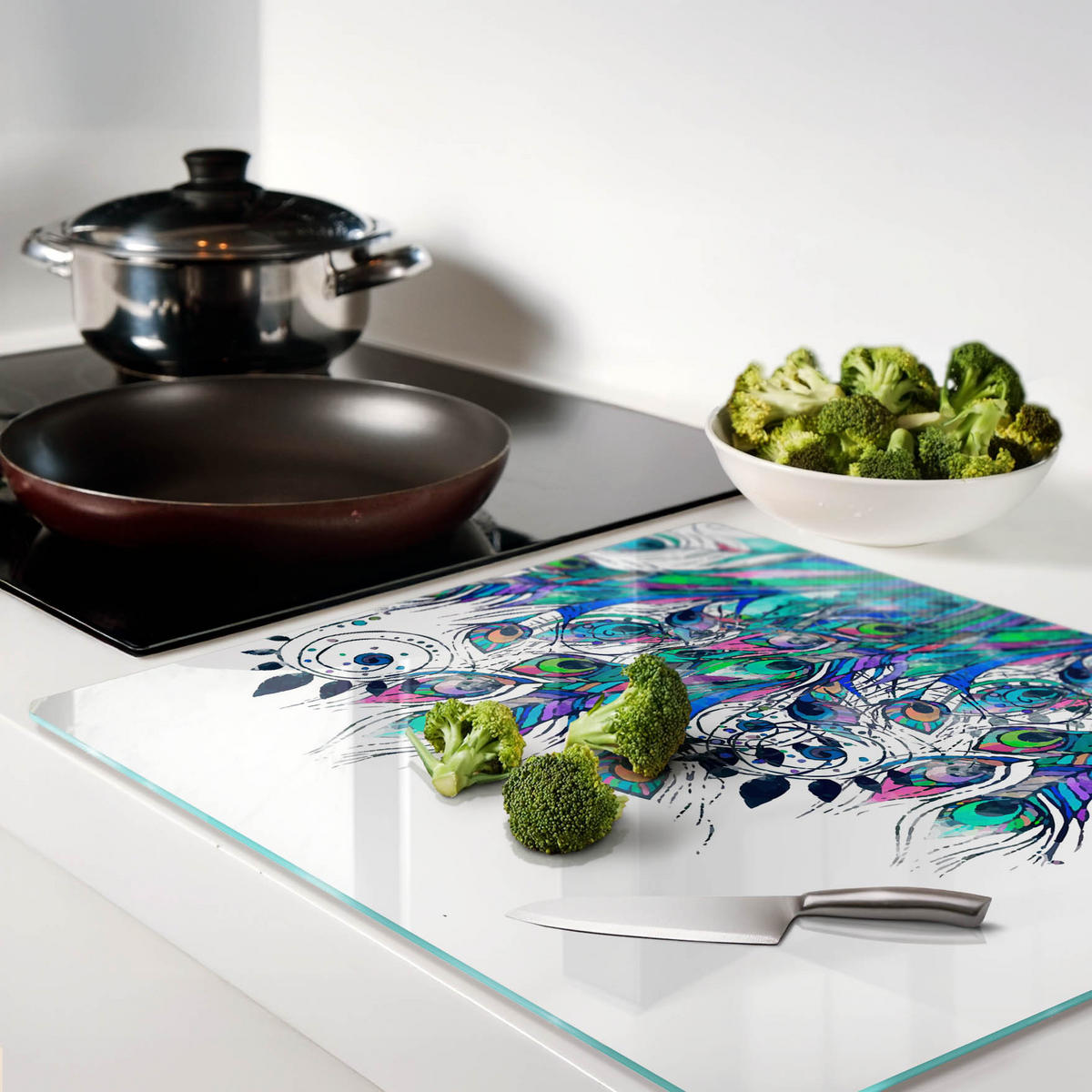 GLASPLATTE 60x52 cm Pfauenfedern - Grün, Glas (60/0.4/52cm) - TULUP