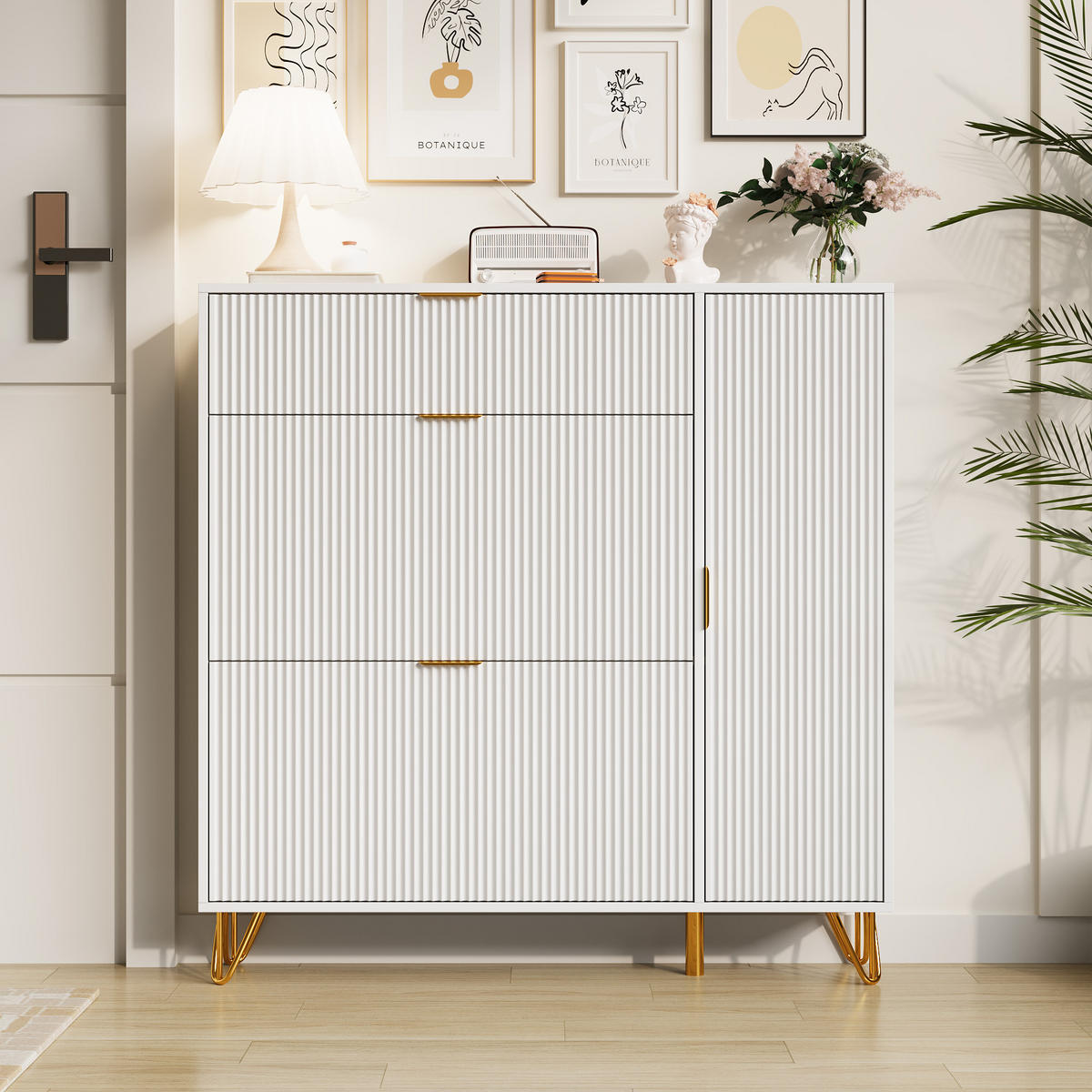 SCHUHSCHRANK mit goldenen Metallbeinen, verstellbaren Regalen, weiß - Weiß, Holz (110/114.5/28.5cm)