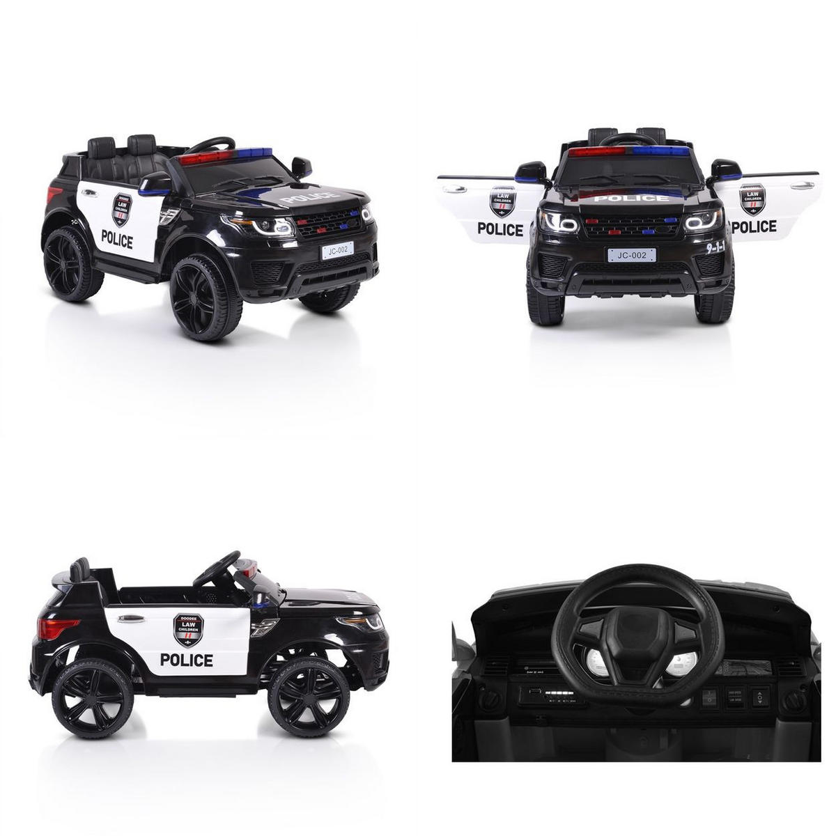 ELEKTROAUTO Squad JC002 schwarz Musikfunktion 2 Motoren Gurt Sirenenleuchten - Schwarz, Kunststoff (110/52/68cm) - Moni