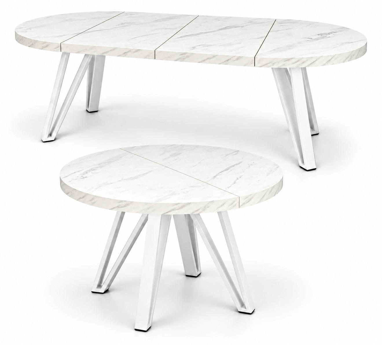 ESSTISCH rund ausziehbar 90/190/76 cm, Marmor, 54 cm Tischplatte + Industrial-Metallgestell Weiß - Hellgrau/Weiß, Holzwerkstoff/Metall (90/190/76cm) - Damale Möbel
