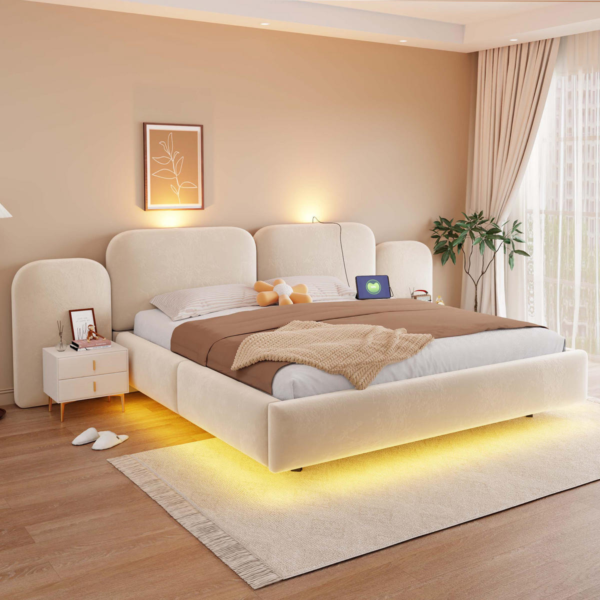 STAURAUMBETT 180/200 cm mit Hydraulik, RGB-LED und USB, DE-41706, in Beige - Beige, Holzwerkstoff (180/200cm) - ComfortXL