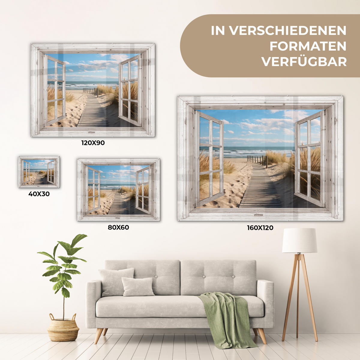 ACRYLGLASBILD Fenster - Meer - Küste - Natur - Ausblick - Strand - Wattenmeer 80x60 cm - Beige, Glas (80/60cm) - MuchoWow