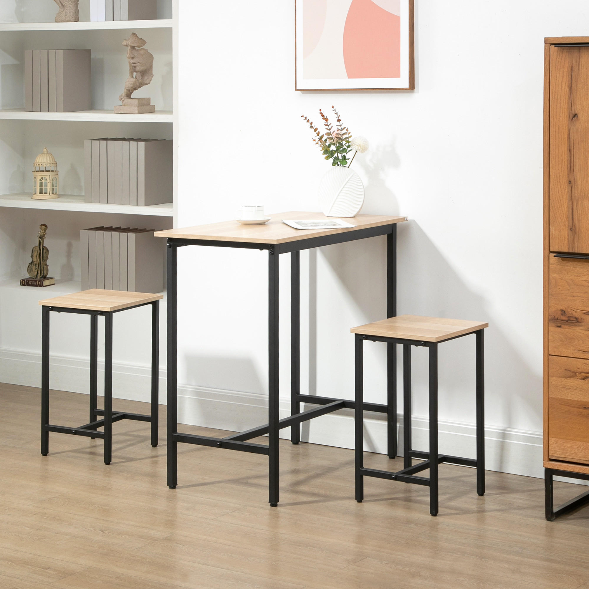 BARTISCH-SET, Spanplatte, Natur+Schwarz - Naturfarben, Kunststoff (50/85/80cm) - HOMCOM
