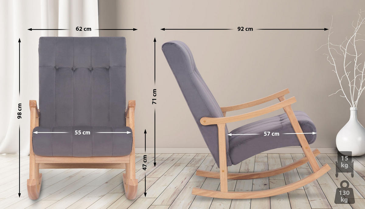 SCHAUKELSTUHL Samt Natura/Grau - Eukalyptusholzfarben/Grau, Holz/Textil (62/98/92cm) - CLP