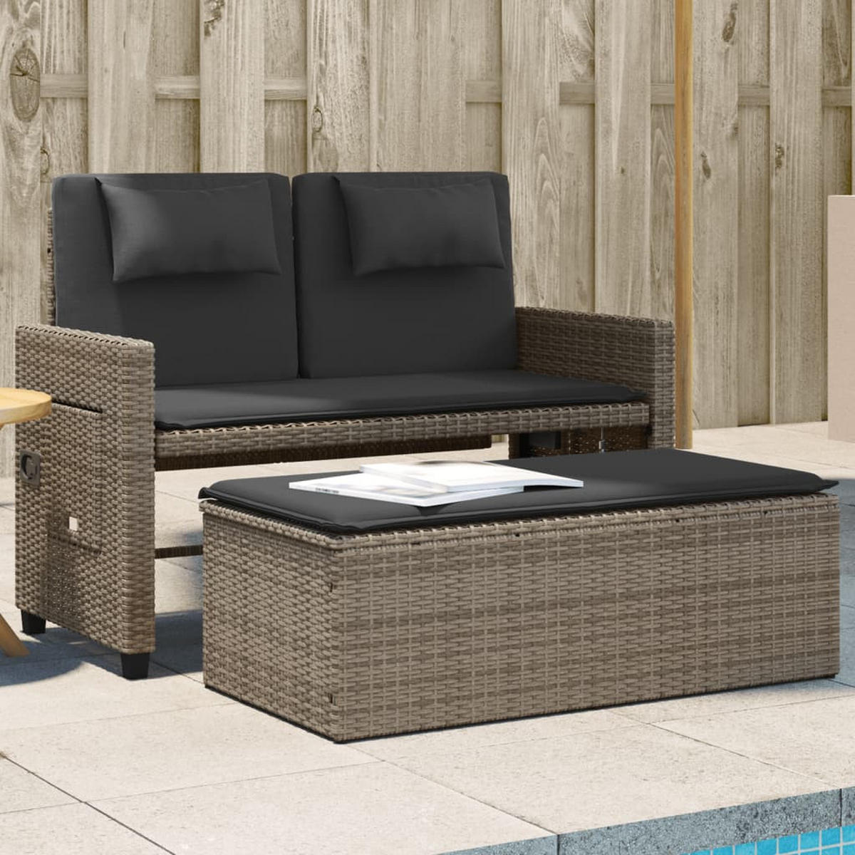 GARTENBANK Verstellbar mit Kissen Grau Poly Rattan - Grau, Kunststoff (122/83/58cm) - furnicato