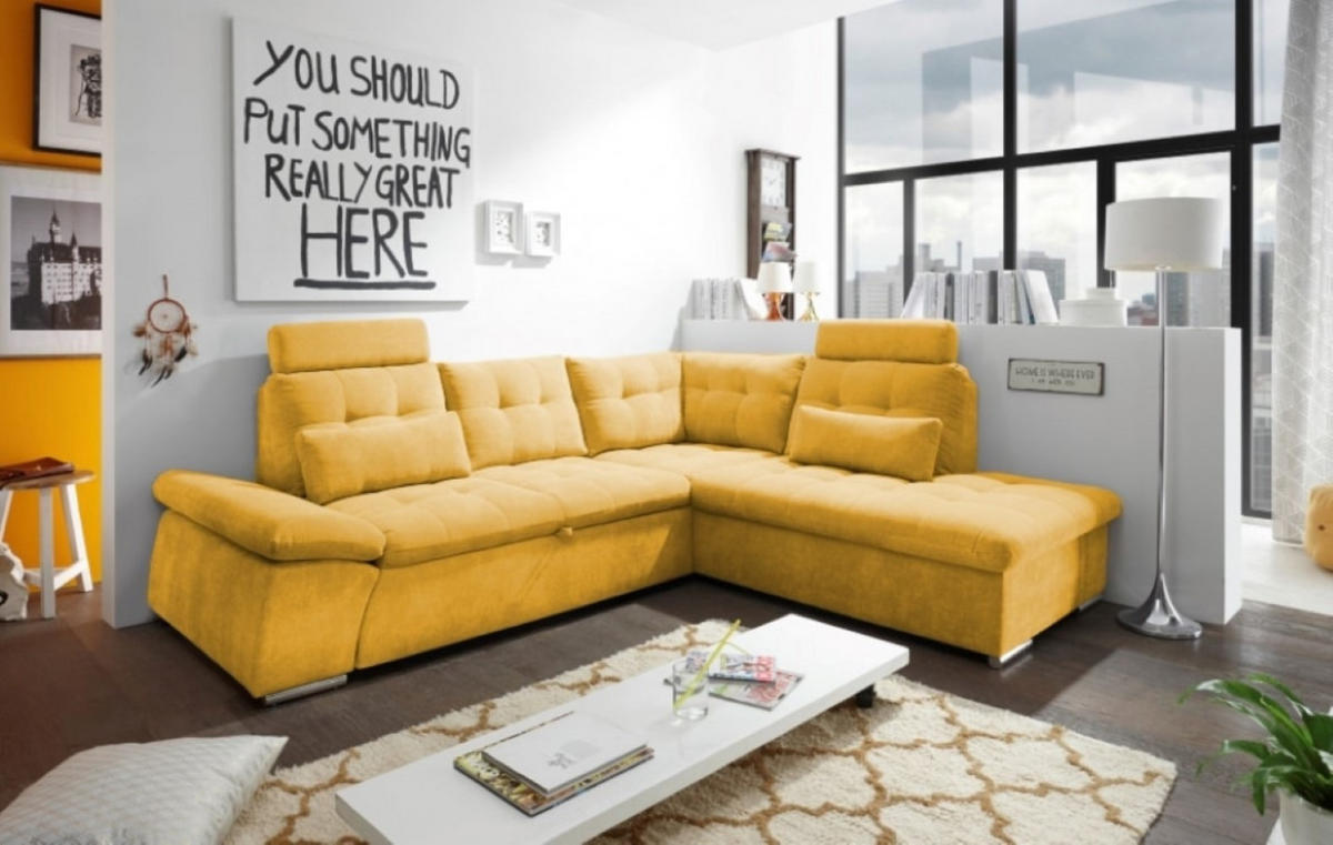 ECKSOFA mit Schlaffunktion, Bettkasten und verstellbarer Armlehne - Chromfarben/Gelb, Textil (219/260cm) - ed exciting design