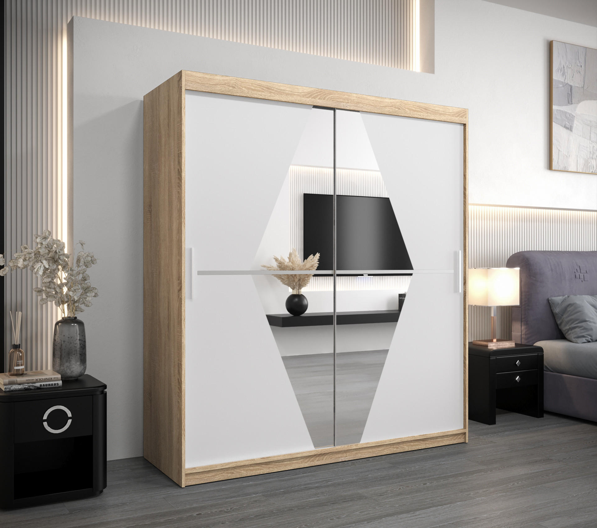 SCHWEBETÜRENSCHRANK 200/180/62 2-türig - Silberfarben/Weiß, Holz/Kunststoff (180/200/62cm) - Abiks Möbel