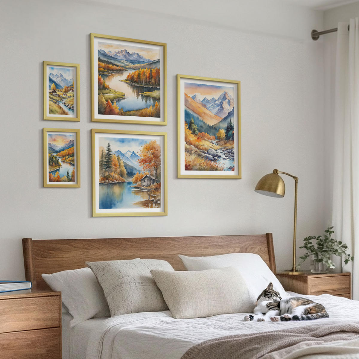 WANDBILDER 5er Set - 50x50 cm & 20x30 cm & 40x60 cm Goldrahmen - Berglandschaft, Flusshütten - Goldfarben, Kunststoff (40/60cm) - ArtPrintCave