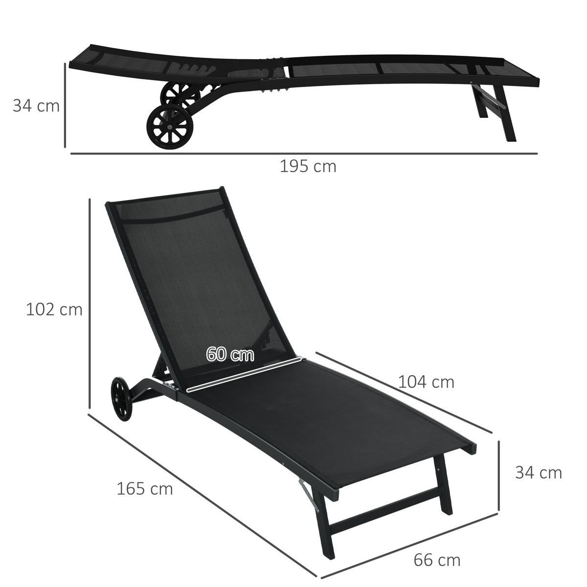 SONNENLIEGE 2er-Set DE-15618 mit Rollen, 5-fach verstellbar Schwarz - Schwarz, Metall (165/102/66cm) - ComfortXL