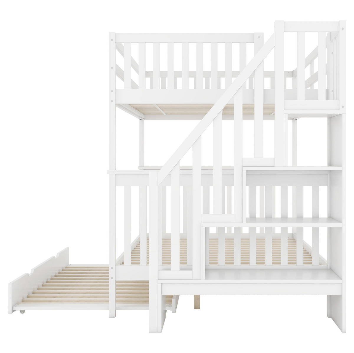 ETAGENBETT 140/200 cm Weiß mit Ausziehbett und Treppenregal - Weiß, Holz (140/200cm) - Flora Grace