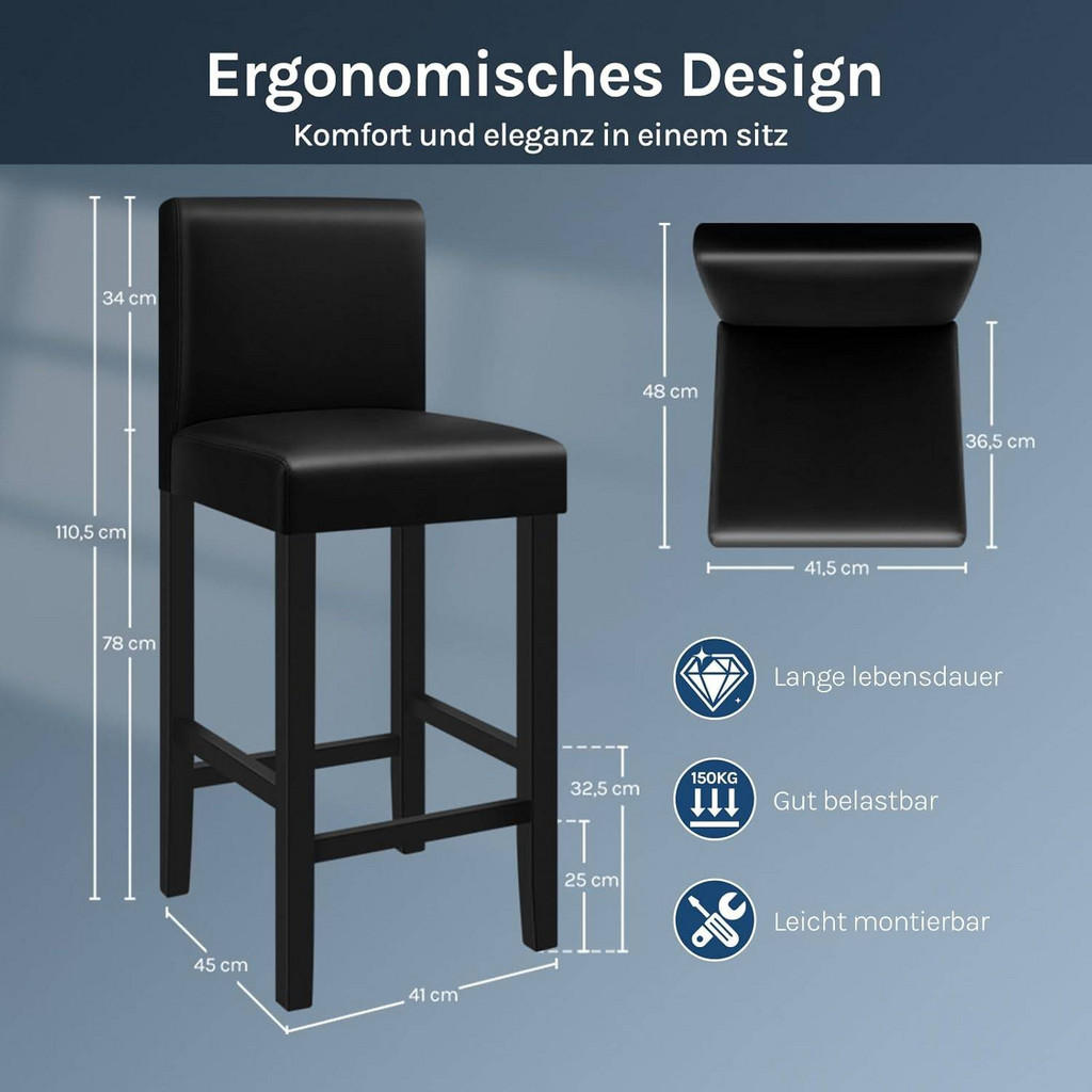 Thumbnail - Woltu Barhocker, Schwarz, Holz, 41.5x110.5x48 cm, Esszimmer, Barmöbel, Barhocker