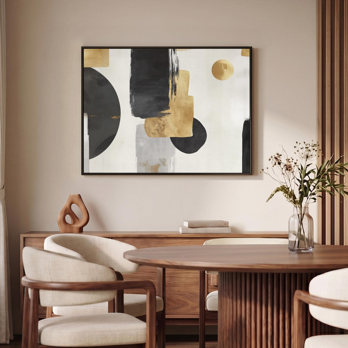 LEINWAND Bilder mit Rahmen - Gold - Rechtecke - Kreise - Abstrakt - 100x70 - Weiß, Textil (100/70cm) - MuchoWow