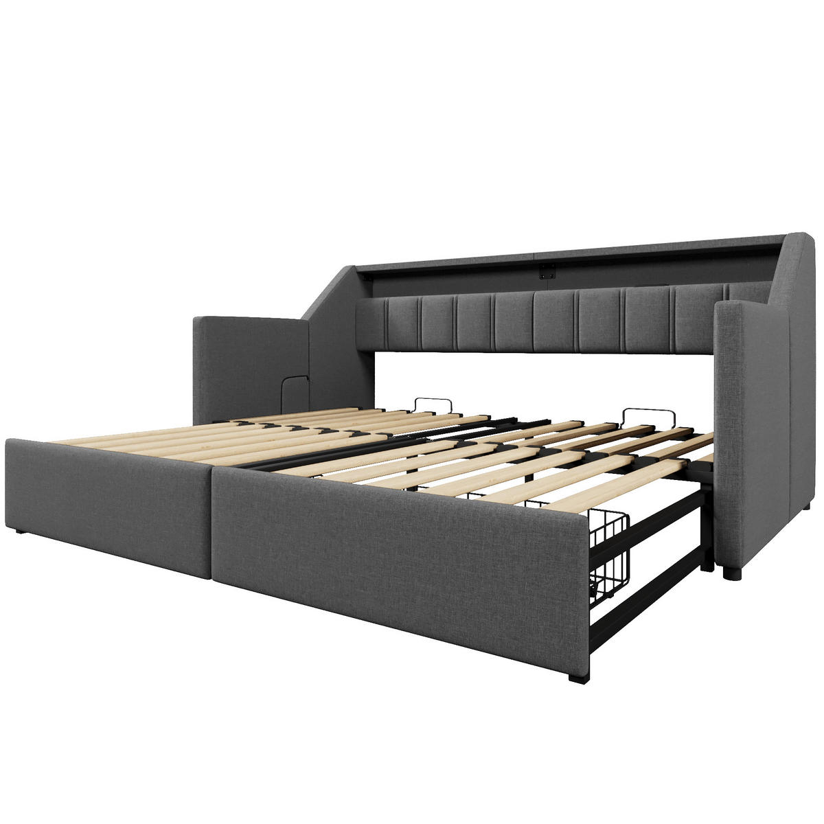 TAGESBETT mit Ausziehfunktion 90x200 cm Leinen Grau mit 2 Schubladen - Grau, Metall (90/200cm) - Meubliv