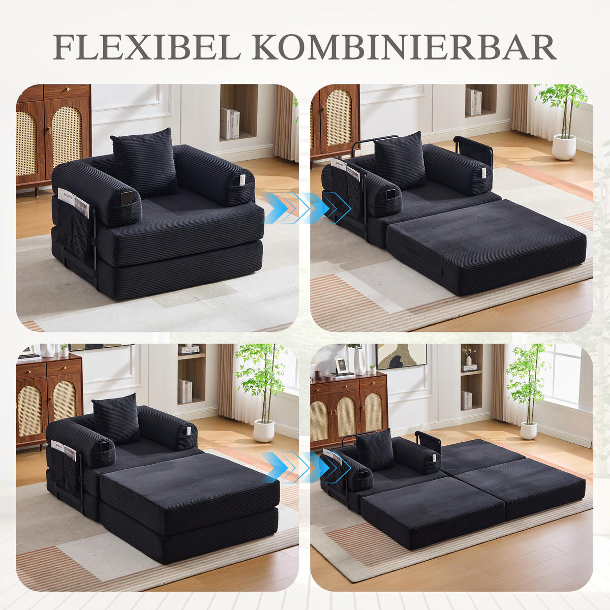 SOFA Cord Schwarz mit Kissen und Hocker - Schwarz, Textil/Metall (112/67/190cm) - WISHDOR