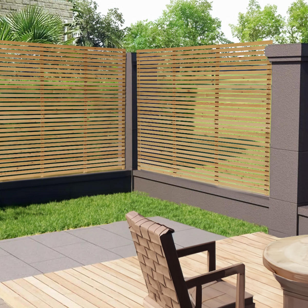 SICHTSCHUTZZAUN aus Kiefernholz in Holzfarbig Lamellen Design pflegeleicht Wasserbasierte 180x180 cm 24,15 kg - Gelb, Holz (4/180cm) - Livingandhome