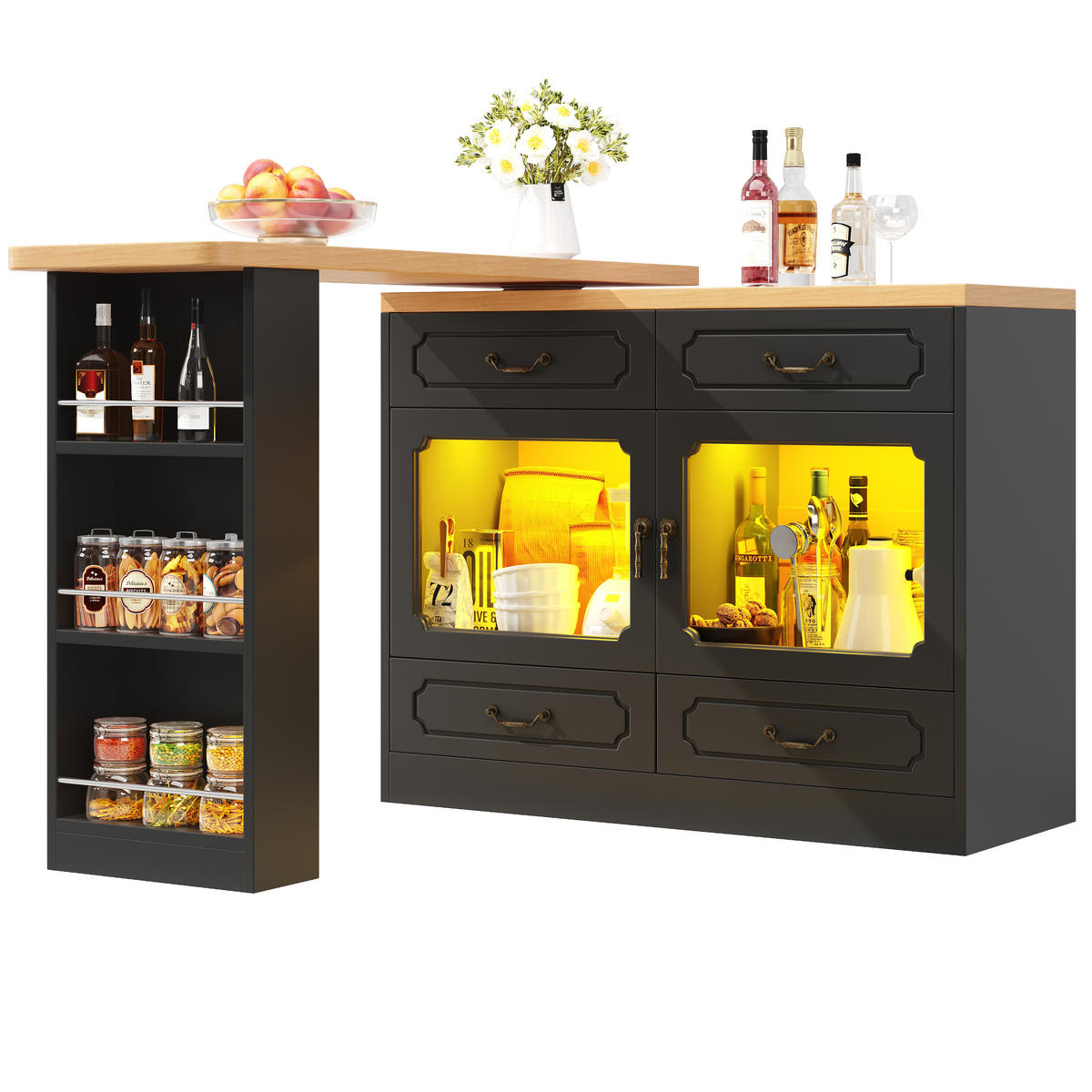 BARTISCH Ausziehbarer aus MDF mit 360° Drehplatte & LED, 135-203/39/92,8 cm, Schwarz - Schwarz, Holzwerkstoff (39/92.8/135cm) - Redom