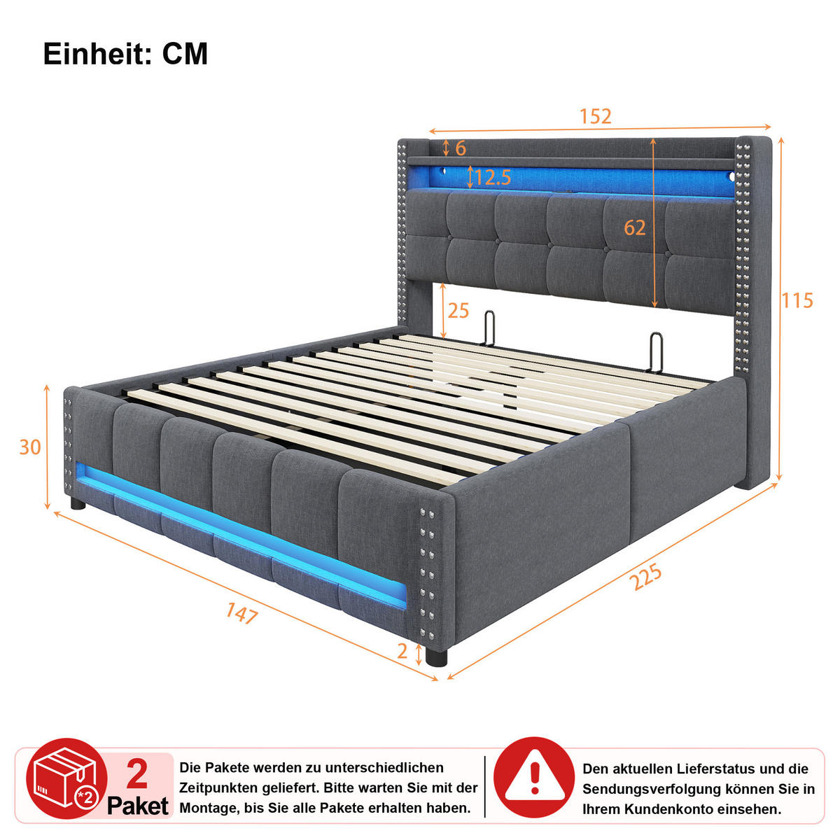 POLSTERBETT 140/200 cm in Grau Leinen mit Bettkasten, LED, USB und Regal - Dunkelgrau, Holzwerkstoff/Textil (140/200cm) - WISHDOR