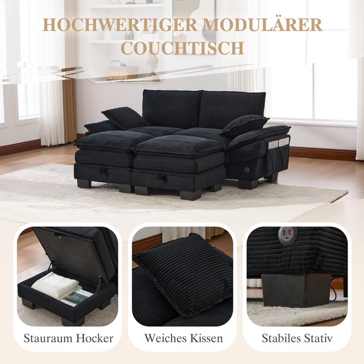 2-SITZER SOFA Cord Schwarz mit USB-C und Hocker - Schwarz, Holzwerkstoff/Kunststoff (190/84/132cm) - WISHDOR