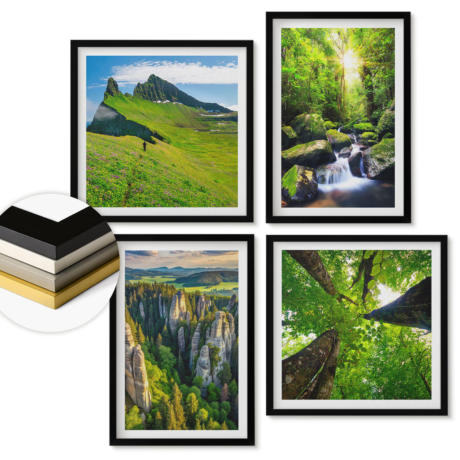 WANDBILDER 4er-Set - 50x50 cm & 40x60 cm Schwarzer Rahmen - Grüne Berge Wasserfallwald - Schwarz, Kunststoff (50/50cm) - ArtPrintCave