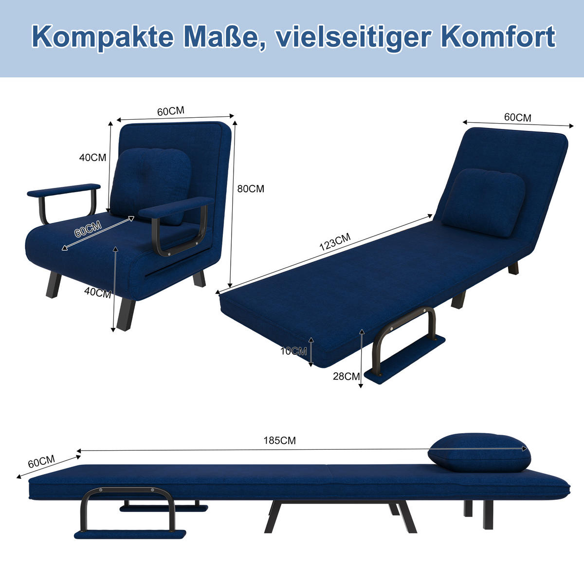 SCHLAFSESSEL 5-fach verstellbar mit Liegefunktion, DE-42425, Blau - Blau, Metall (60/79/60cm) - ComfortXL
