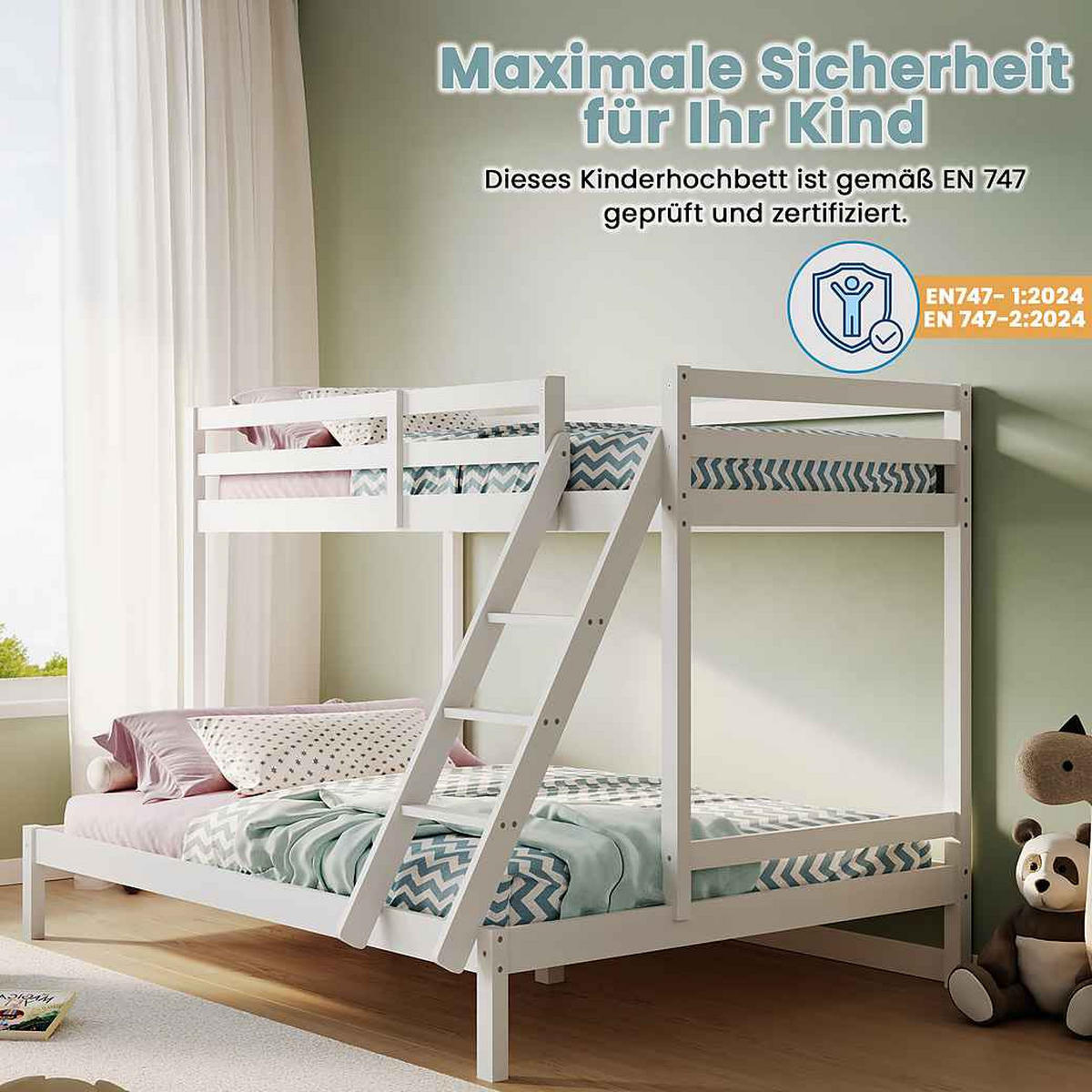 VYVÝŠENÁ postel 90x200 s přídavným velkým lůžkem 140x200 v bílé barvě - bílá, dřevo (140/200cm) - Kids Collective