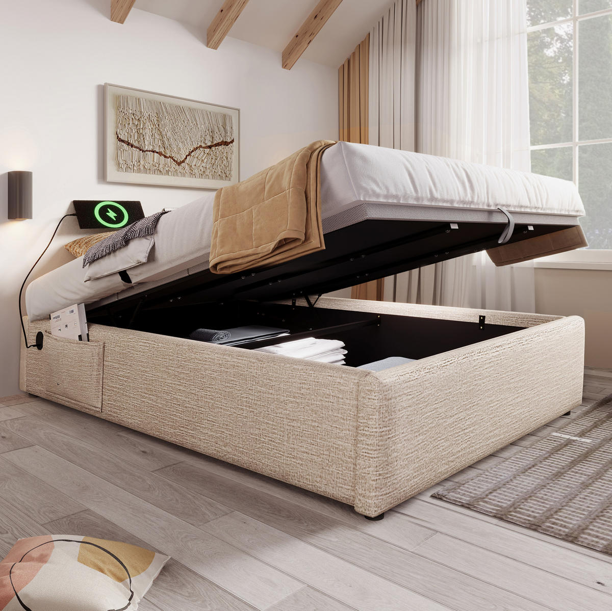 POLSTERBETT mit Stauraum 140x200 cm Leinen Natur mit USB-C - Beige, Metall (140/200cm) - Meubliv