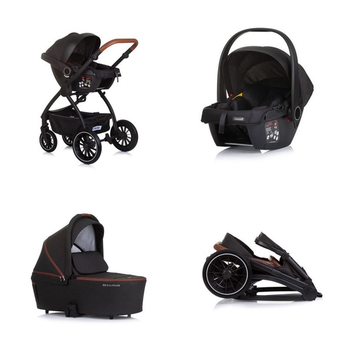 KOMBIKINDERWAGEN Prestige 3 in 1 schwarz Babywanne Rucksack i-Size Babyschale - Schwarz, Metall (85/59/123cm) - Chipolino