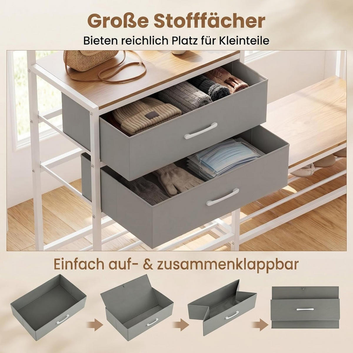 GARDEROBENSTÄNDER mit 2 Schubladen weiß - Weiß, Metall (138/161/35cm) - COSTWAY