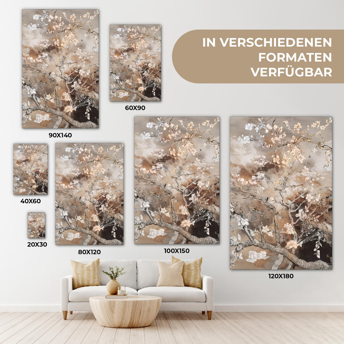 LEINWANDBILD Mandelblüte - Kunst - Van Gogh - Beige - Abstrakt 80x120 cm - Braun, Textil (80/120cm) - MuchoWow